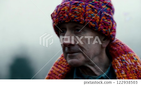 Elderly Man Wearing Colorful Knitted Hat and Scarf 122938503
