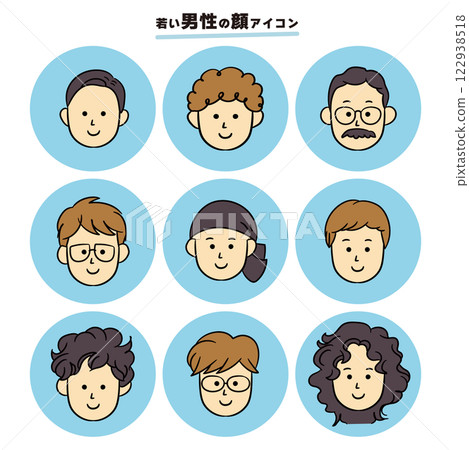 各種男士臉部簡單圖示_帶圓形背景 122938518