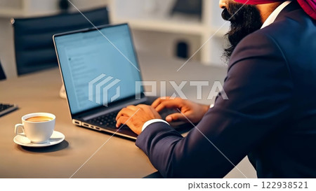 Sikh businessman typing on laptop in modern office 122938521