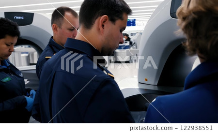 Customs officers learning how to use a baggage scanner 122938551