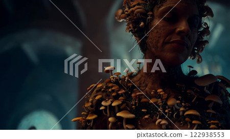 Mysterious woman covered in mushrooms in dark gothic environment 122938553