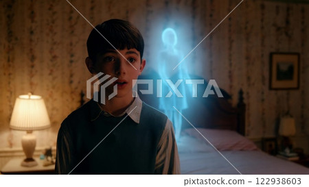 Young boy looking at a ghost appearing in his bedroom Young boy looking at a ghost appearing in his bedroom 122938603