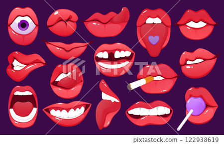 Mouth expressions. Smiling female. Open lips. Sticking out tongue. Sad face or laugh. Facial teeth visible. Surprised gesture. Lolli or cigarette. Candy eye. Red cosmetic lipstick. Vector cartoon set 122938619