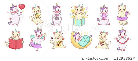 Unicorn cute character. Kawaii rainbow animal. Cartoon mascot poses and actions. Mammal eats sandwich. Picnic snack. Cat in present box. Holiday joy. Happy emotion expression emoji. Vector tidy set Unicorn cute character. Kawaii rainbow animal. Cartoon mascot poses and actions. Mammal eats sandwich. Picnic snack. Cat in present box. Holiday joy. Happy emotion expression emoji. Vector tidy set 122938627
