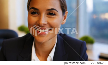 Smiling businesswoman looking at camera in office 122938629