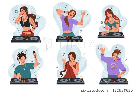 DJ artist. Disc jockey. Character play music to turntable. Sound club with dancing people. Woman and man at discotheque mixer. Disco nightclub. Electronic track. Vinyl audio. Vector tidy musical set 122938630
