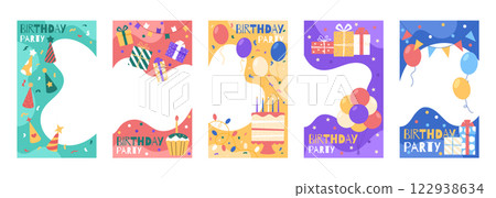 Birthday frame. Greeting card for kids happy celebration. Photo background template. Party post with balloon and cake. Cartoon child border. Holiday picture pattern. Vector baby garish banners set 122938634