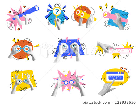 Arms gesture. Magnifying glass. Arms with telescope or spyglass. Collage halftone. Look through binoculars. Search bar. Discovery of vision business. Vector focus strategy garish doodle concepts set Arms gesture. Magnifying glass. Arms with telescope or spyglass. Collage halftone. Look through binoculars. Search bar. Discovery of vision business. Vector focus strategy garish doodle concepts set 122938636