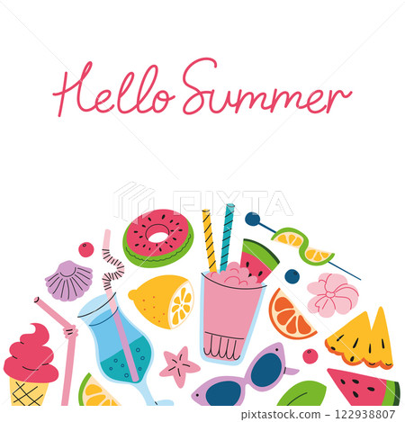 Summer composition with tropical drinks, fruits, ice cream, sunglasses, and beach elements. Flat vector illustrations of cocktails, hand lettering hello summer. Bright greeting card or web banner 122938807