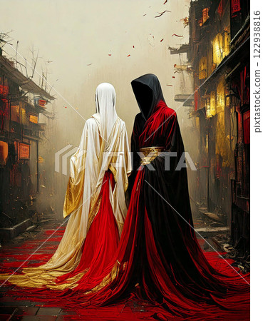 AI-generated image of a pair of creepy black and white fortune tellers living in an abandoned city 122938816