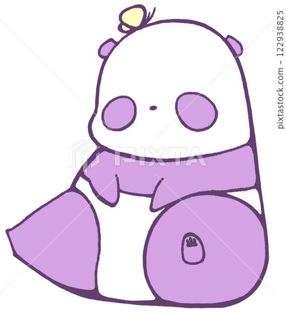 A baby panda (purple) looking at you with a butterfly on its head 122938825