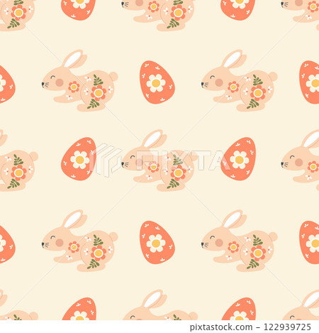 Easter rabbit Seamless pattern. Cute decorative bunny with paschal Egg on beige light background. Holiday Vector illustration Easter rabbit Seamless pattern. Cute decorative bunny with paschal Egg on beige light background. Holiday Vector illustration 122939725