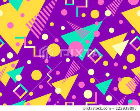 Geometric seamless pattern with memphis elements in 80s style. Colorful geometric pattern. Design of promotional products, wrapping paper and printing. Vector illustration 122939893