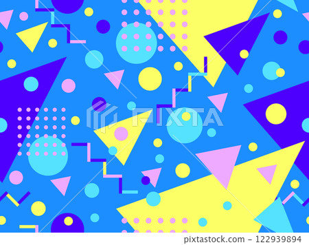 Geometric seamless pattern with memphis elements in 80s style. Colorful geometric pattern. Design of promotional products, wrapping paper and printing. Vector illustration 122939894
