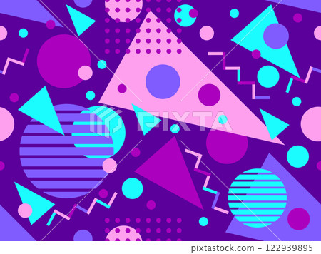 Geometric seamless pattern with memphis elements in 80s style. Colorful geometric pattern. Design of promotional products, wrapping paper and printing. Vector illustration 122939895