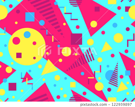 Geometric seamless pattern with memphis elements in 80s style. Colorful geometric pattern. Design of promotional products, wrapping paper and printing. Vector illustration Geometric seamless pattern with memphis elements in 80s style. Colorful geometric pattern. Design of promotional products, wrapping paper and printing. Vector illustration 122939897