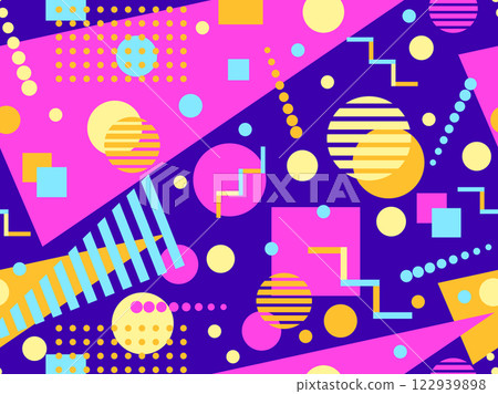 Geometric seamless pattern with memphis elements in 80s style. Colorful geometric pattern. Design of promotional products, wrapping paper and printing. Vector illustration Geometric seamless pattern with memphis elements in 80s style. Colorful geometric pattern. Design of promotional products, wrapping paper and printing. Vector illustration 122939898