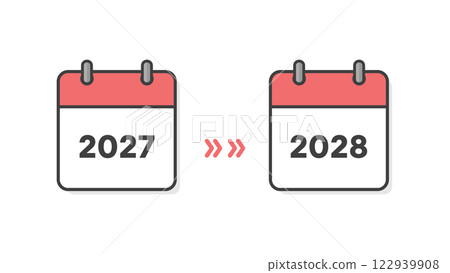 2027 年和 2028 年的日曆封面和箭頭 - 年末和新年假期、新年、期間和時間表變更的圖像材料 2027 年和 2028 年的日曆封面和箭頭 - 年末和新年假期、新年、期間和時間表變更的圖像材料 122939908