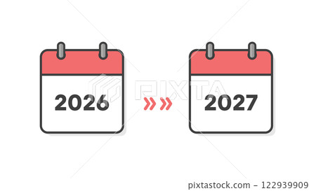 2026 年和 2027 年的日曆封面和箭頭 - 年末和新年假期、新年、期間和時間表變更的圖像材料 122939909