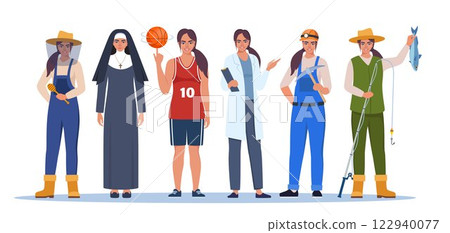 Jobs and professions set. Women in uniforms, different occupation, work. Same woman character in different occupations. Vector illustration. 122940077