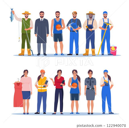 Jobs and professions set. Men ad women in uniforms, different occupation, work. Same man and woman characters in different occupations. Vector illustration. 122940078