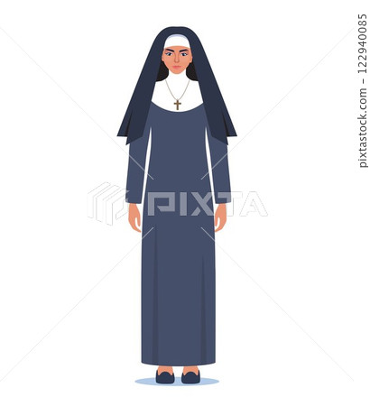 Nun In traditional black attire symbolizing religious devotion, modesty, and spiritual faith. Vector illustration. 122940085
