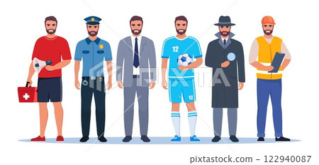 Jobs and professions set. Men in uniforms, different occupation, work. Same man character in different occupations. Vector illustration. 122940087