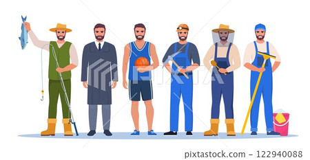 Jobs and professions set. Men in uniforms, different occupation, work. Same man character in different occupations. Vector illustration. Jobs and professions set. Men in uniforms, different occupation, work. Same man character in different occupations. Vector illustration. 122940088