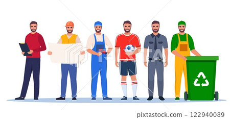 Jobs and professions set. Men in uniforms, different occupation, work. Same man character in different occupations. Vector illustration. 122940089