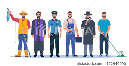 Jobs and professions set. Men in uniforms, different occupation, work. Same man character in different occupations. Vector illustration. Jobs and professions set. Men in uniforms, different occupation, work. Same man character in different occupations. Vector illustration. 122940090