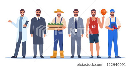 Jobs and professions set. Men in uniforms, different occupation, work. Same man character in different occupations. Vector illustration. 122940091