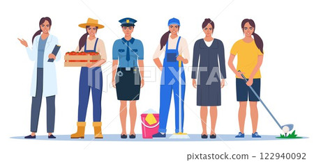 Jobs and professions set. Women in uniforms, different occupation, work. Same woman character in different occupations. Vector illustration. 122940092