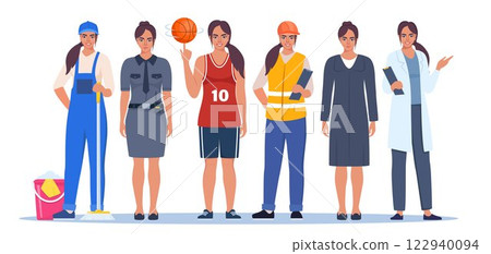 Jobs and professions set. Women in uniforms, different occupation, work. Same woman character in different occupations. Vector illustration. Jobs and professions set. Women in uniforms, different occupation, work. Same woman character in different occupations. Vector illustration. 122940094