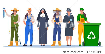 Jobs and professions set. Women in uniforms, different occupation, work. Same woman character in different occupations. Vector illustration. 122940095