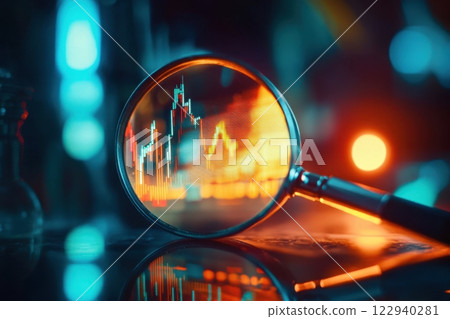 A magnifying glass is used to look at a graph of stock prices A magnifying glass is used to look at a graph of stock prices 122940281