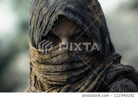 A woman with a black scarf covering her face A woman with a black scarf covering her face 122940282