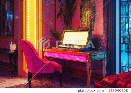 A pink chair sits in front of a pink desk with a computer monitor on it 122940298