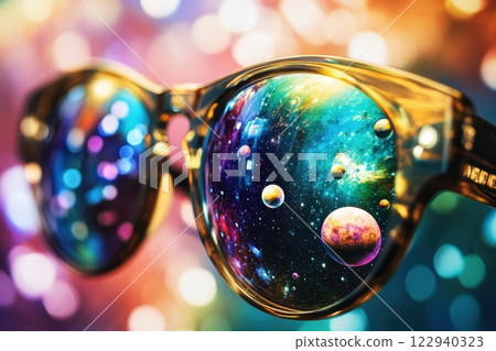 A pair of sunglasses with a colorful galaxy in the center 122940323