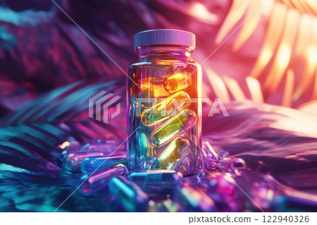 A jar of pills is sitting on a table with a background 122940326