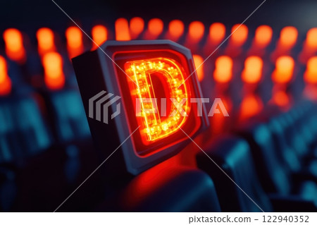 A red letter D is lit up in a dark room 122940352