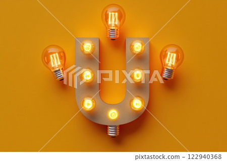 A neon sign with a U on it is hanging from the ceiling 122940368