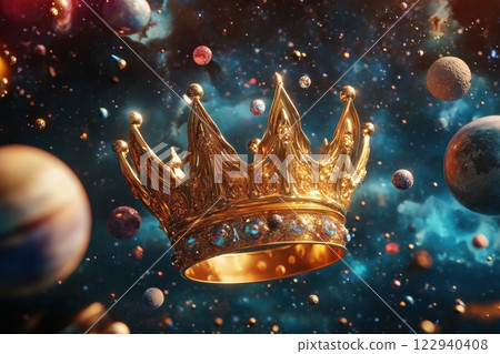A golden crown is floating in space with planets surrounding it 122940408