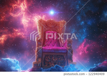 A large, colorful building with a golden dome sits in the sky 122940409