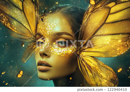 A woman with gold wings on her face 122940410