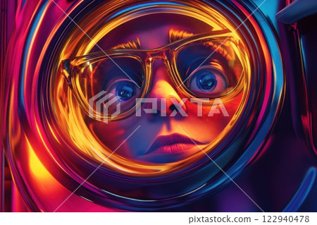 A girl with glasses is looking into a washing machine 122940478