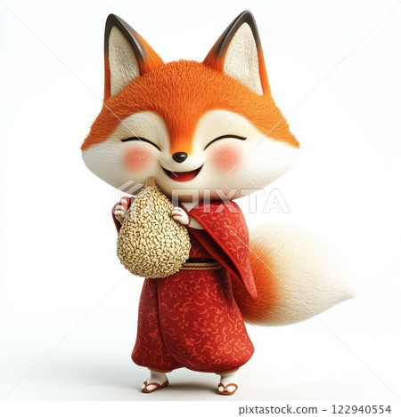 A cartoon fox is holding a bag of food and smiling 122940554