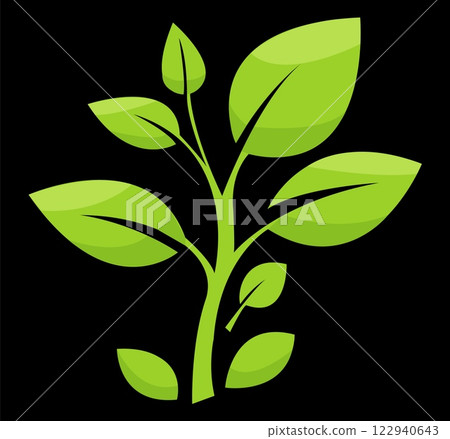 Green plant illustration with lively leaves symbolizing growth and nature in a minimalist style on a dark background, logo 122940643