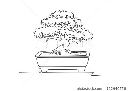 Single one line drawing of beauty and fresh Chinese bonsai tree. Decorative old potted tiny banyan tree concept for home art wall decor poster. Continuous line draw design graphic vector illustration 122940756