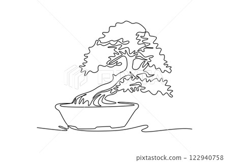 Single one line drawing of old beauty and exotic miniature bonsai tree. Decorative banyan plant concept for agriculture exhibition logo. Modern continuous line draw design graphic vector illustration 122940758