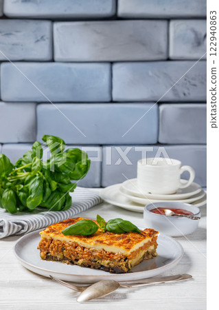 Moussaka, greek beef and eggplant dish, top view 122940863